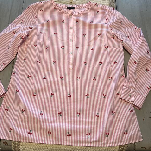 Talbots Pink White Stripe Red Cherry Embroidered 1/2 Button Shirt Sz M Ruffle - Picture 1 of 10